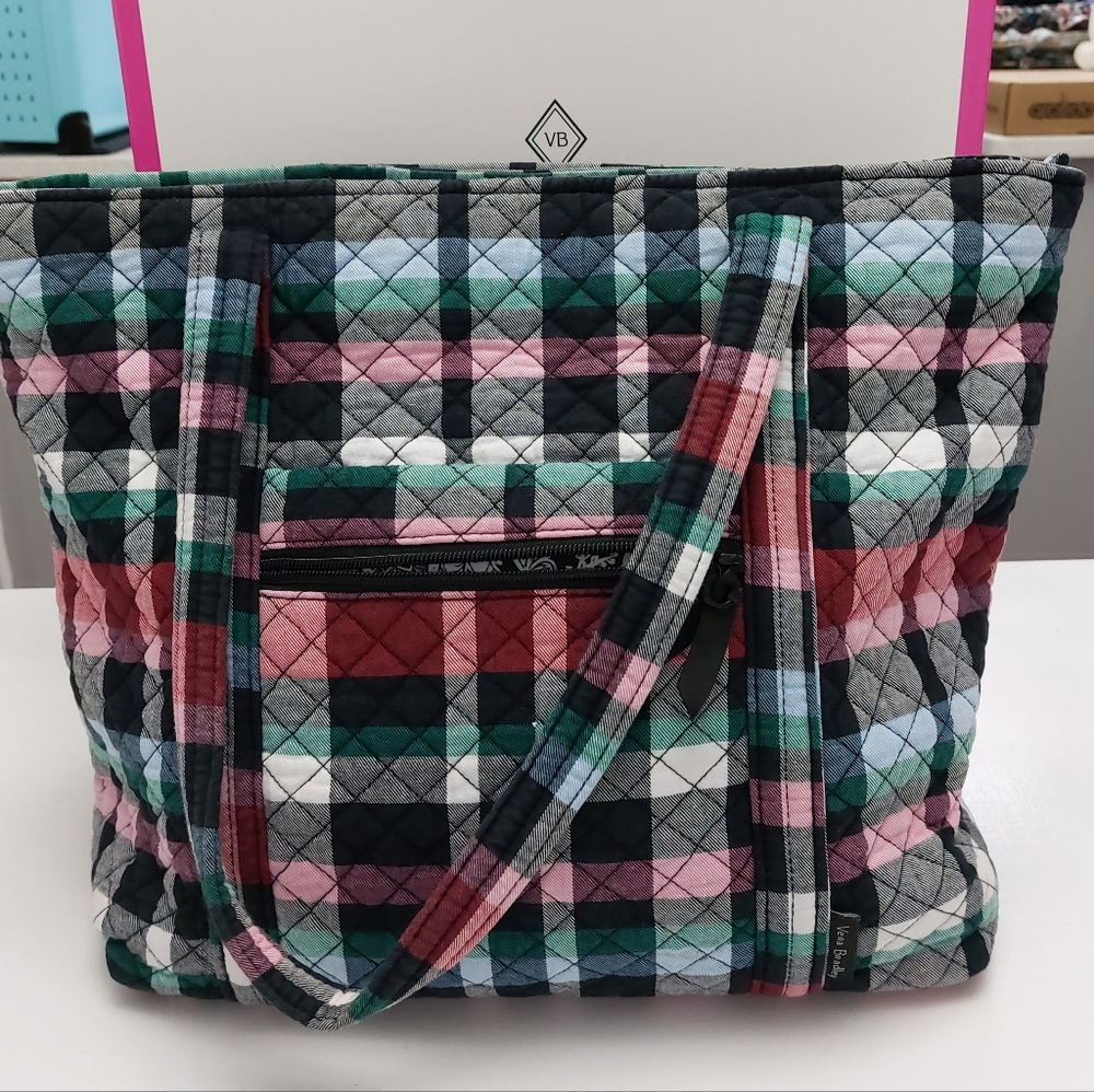 Large Vera Tote Ribbons Plaid NWOT
